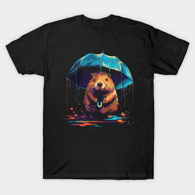 Beaver Rainy Day With Umbrella T-Shirt by JH Mart